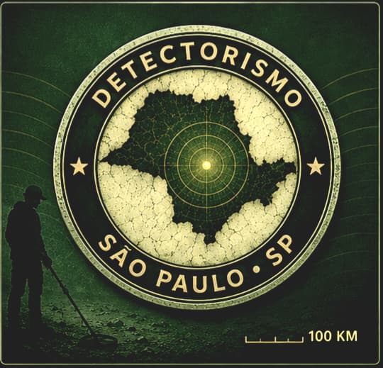 Arte Detectorismo São Paulo com mapa estadual, selo e detectorista em tema verde